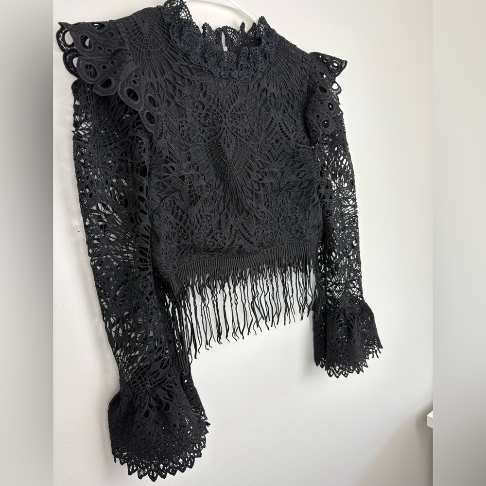 Beulah Black Crochet Fringe Long Sleeve Blouse size 6 zipper back boho festival - Picture 3 of 13